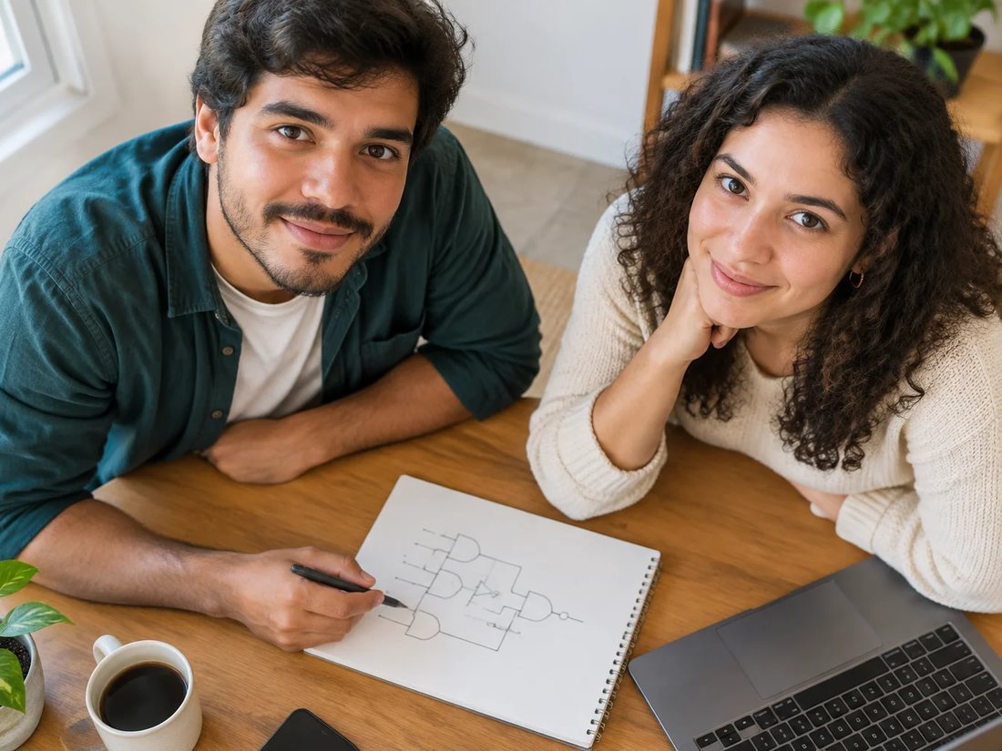 Duas pessoas relendo anotações num tablet apoiado numa mesa de madeira